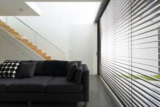 Renovation Near Sydney Opens Home Onto a Lush Garden - Photo 6 of 8 - When the sun is at its brightest, the east-facing glass wall is shielded by retractable Horiso venetian blinds that have been powdercoated to match the extension’s charcoal cladding.