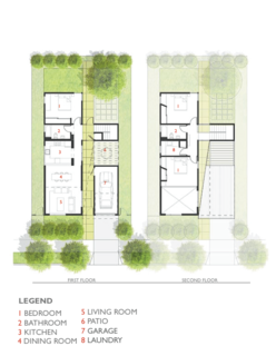 While each of the floor plans varies based on the lot they were constructed on, they share similar characteristics. The 74th Street Prototype is shown here.