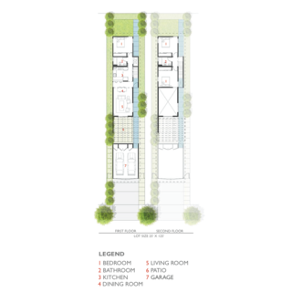 The 99th Street plan is shown here. "Layouts were driven by the most basic design principles: hyper-efficient floor plans that minimize circulation with singularly-located plumbing stacks," Lehrer says. "The roof slope and roof-site drainage was also made as simple as possible. The continuum of public to private space was carefully orchestrated."