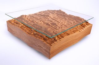 The Skyline Coffee Table, here shown in ash hardwood with glass, is a graphic interpretation of New York City, a place where Michael Rupich—whose studio is currently based in Fairfield, New Jersey—has always lived in and around.