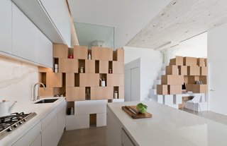 Brooklyn Loft Renovation Masters Storage With a Custom Cabinet Wall - Photo 6 of 10 - This living/dining space is the social center of the apartment. For that reason, the architect designed the cabinet walls as a unifying visual feature that anchors the two rooms and provides practical storage space.
