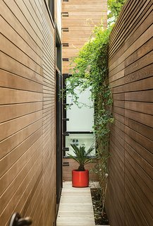 Inspired by her visits to Japan, architect Cary Bernstein did not build to the property lines but left open about three-and-a-half feet on each side of the house: "These little side gardens make rooms feel bigger, since they make nature part of your interiors and bring light and air circulation into the house," she says.