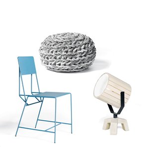 A. Industrial cranes inspired the Hensen chair by Jos Kranen and Johannes Gille for New Duivendrecht.<br><br>B. Sjoerd Jonkers uses upcycled cotton castoffs from the textile industry in the hand-crocheted Clew pouffe.<br><br>C. A runaway success for the manufacturer is the wood, steel, and concrete Barrel lamp designed by Nieuwe Heren.