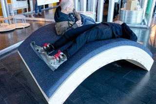 According to designer Gulleik Løvskar, more than one type of furniture is needed for a long day of office work. As an alternative to the common chair, he’s created the Bended Sofa, a new kind of furniture designed for stretching and relaxing in the workplace. Lay on it, lounge on it, play on it—with its simple elegant arch, Løvskar has left the possibilities open ended. "Good ideas come up when you feel good and are relaxed, the sofa is meant for a creative break," he said. Photo by: Tiffany Orvet