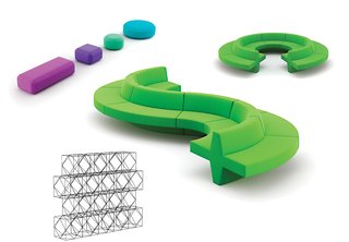 Derin’s Chamfer armchair group (left), Bek modular seating series (right), and Line shelving (below) typify designer Aziz Sarıyer’s geometric approach to furniture design.