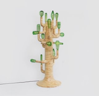 Product Spotlight: São Paulo Collection - Photo 3 of 3 - Inspired by the 1950's tropical modernism movement in Sao Paulo, Brazil , this light fixture stands 150cm tall and is made of fine pine offcuts and glass bottles.