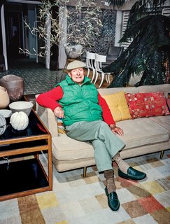 The textile designer at home at LongHouse Reserve, the Long Island estate he had designed by Charles Forberg, whom Larsen calls "an architect’s architect." One of the most notable features of the house—inspired in equal parts by Japanese Shinto shrines and Larsen’s old New York City loft—is the 65-foot-long glass ceiling embedded along the spine of the peaked roof.