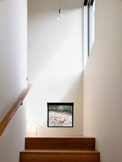 A Breezy Modern Beach House Sits Among the Trees in Australia - Photo 6 of 8 - "I love this low-level stair window. It’s at head height when you’re at the bottom of the stairs; it gives you a glimpse of, and connection to, the garden outside. Most of the windows capture what I’d call ‘hero shots,’ but some, like this one, are completely unexpected."