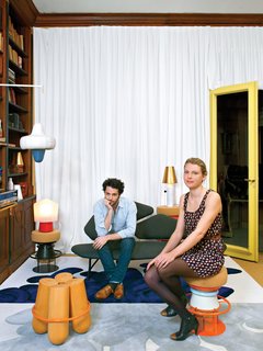 Jean-Baptiste Souletie and Louise Breguet are the young founders of Parisian manufacturer La Chance. They release "unlimited" editions from primarily European designers, like Note Design Studio, whose Tembo and Bolt stools are shown here in their studio space, a flat in the 16th arrondissement. Photo by: Céline Clanet