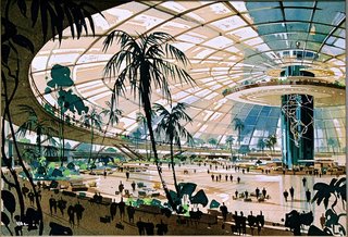 Never Built: Los Angeles at A+D Architecture & Design Museum - Photo 1 of 3 - Pereira and Luckman’s 1952 design for Los Angeles International Airport (LAX) called for a glass-enclosed central terminal, with a world map etched on the central column. Their original plan died because the city's Building Department found it too radical, the cost of air-conditioning would have been exorbitant and the airlines wanted their own individual terminals. Image courtesy LAX Flight Path Learning Center.