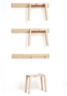 Industrial Designer Ditte Hammerstrøm - Photo 5 of 7 - Wall Stools<br><br>Three racks with stools. Ash wood and plastic string. Manufactured by de Place Furniture.