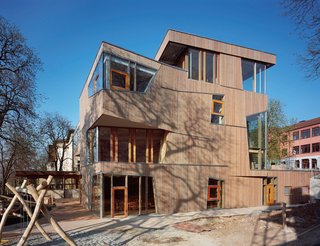 Geothermal-controlled ventilation and a highly insulated envelope contribute to an energy savings of nearly 30% at the Cafeteria and Day Care Center by Aldinger Architekten in the Waldorf School in Stuttgart, Germany. Photo by Roland Halbe