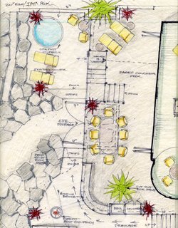 A drawing of the outdoor site plan includes a raised concrete deck, firepit, cut-outs, built-in furniture, and a lower patio.<br><br>To learn more about the Cranston Residence project and its players, please visit www.3palmsproject.com