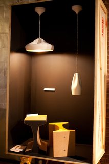 Trained as an architect in Turkey, Brooklyn-based Değer Cengiz designed the exhibition stand for the show, as well as these I-beam shaped stools, made from waste material and part of his Cork Furniture Series available from Voos.