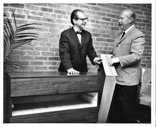 Mid-Century Designer Focus: Mel Smilow - Photo 3 of 7 - Mel Smilow, left, and Morton Thielle demonstrate the solid wood slide and groove construction of a drawer inside one of their creations (cheaper furniture uses metal slides). Photo courtesy of the Smilow Family.