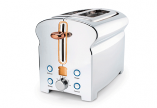 Donald Strum: Behind Great Product Design - Photo 3 of 5 - Here's the Michael Graves Design Toaster which is made from stainless steel and has a copper handle. Strum described how copper is a common material in kitchenware and how his team wanted to nod to the metal in the toaster design. The little toast icon is actually an digital display that counts down as your bread toasts.