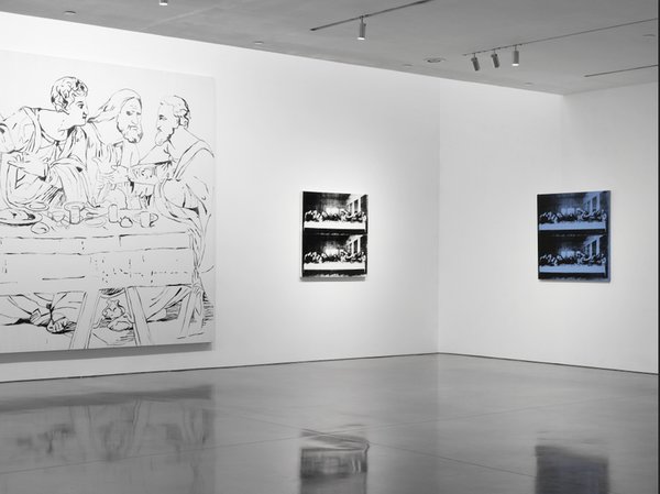 One of his final works before his death 1987; Warhol’s The Last Supper is on view in the final large room, surrounded by complementary detail prints. The piece, which Warhol traced onto canvas in black ink from a photocopied image of Leonardo da Vinci’s masterpiece, ads fittingly somber tone to the end of the exhibit.<br><br>Credit Stefan Altenburger, Courtesy The Brant Foundation