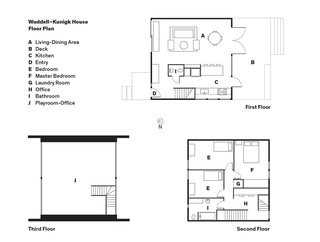 Waddell–Kunigk House Floor Plan<br><br>A Living-Dining Area<br><br>B Deck<br><br>C Kitchen<br><br>D Entry<br><br>E Bedroom<br><br>F Master Bedroom<br><br>G Laundry Room<br><br>H Office<br><br>I Bathroom<br><br>J Playroom-Office