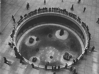 Sunken Garden, Chase Manhattan Bank Plaza, New York, New York<br><br>Completed in 1964, the subterranean brick-lined water garden features boulders Noguchi collected from Kyoto's Uji River.