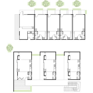 La Esquina Floor Plan<br><br>A 510-Square-Foot Corner Unit <br><br>B 450-Square-Foot Unit<br><br>C 525- and 595-Square-Foot Units<br><br>D Bathroom<br><br>E Kitchen<br><br>F Terrace-Courtyard