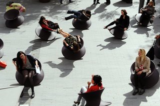 Metal spinning is used to make circular objects such as timpani drums and gas cylinders. The studio wondered if it could use this technique to make a chair with a completely symmetrical rotational form. Experimentation produced an ergonomic form that works as a seat regardless of its orientation, and, in collaboration with Italian furniture manufacturer Magis, they developed a rotation-molded chair in plastic.