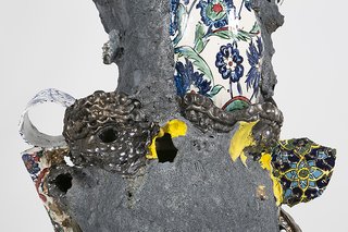 The work also explores influences from Asian and Islamic decorative art traditions. In pieces such as Iznik, seen here, DiMattio mixes delicate painted porcelain with rough clay that shows her fingerprints—the result is as though the finer pieces were subsumed by molten lava.
