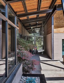 A Forest Sanctuary Designed to Support Autistic Triplets, Their Parents, and a Host of Caregivers - Photo 4 of 19 - The entrance introduces the home’s main materials: steel, glass, wood, and concrete.