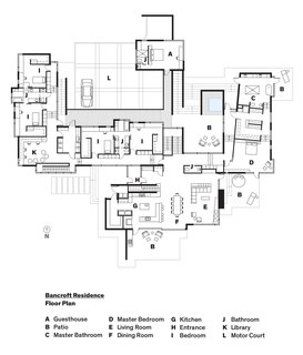 A Forest Sanctuary Designed to Support Autistic Triplets, Their Parents, and a Host of Caregivers - Photo 19 of 19 - Bancroft Residence Floor PlanA GuesthouseB Patio C Master BathroomD Master BedroomE Living Room F Dining RoomG KitchenH EntranceI BedroomJ BathroomK LibraryL Motor Court