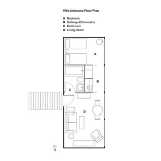 Villa Johansen Floor Plan<br><br>A Bedroom<br><br>B Hallway-Kitchenette<br><br>C Bathroom<br><br>D Living Room