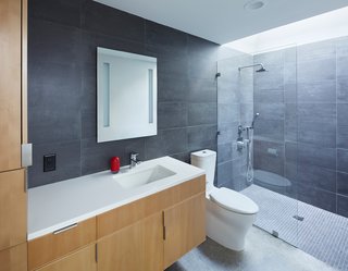 This Light-Filled, Metallic Home Embraces Its Wooded Site - Photo 7 of 8 - Made of stained beech wood with pulls by Mockett, the bathroom vanity was custom-designed by the architects. A Caesarstone counter, Toto sink fixture, Tech Lighting mirror, and Kohler toilet and sink are surrounded by Mosa tiles.