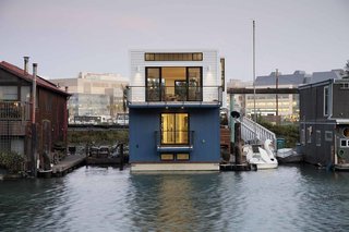 "By creating high ceilings with large windows, the feeling is all about space and light," says architect Robert Nebolon, principal of Berkeley firm Robert Nebolon Architects. The 2,100-square-foot floating house was built on land in six months before settling into its final location in Mission Creek.