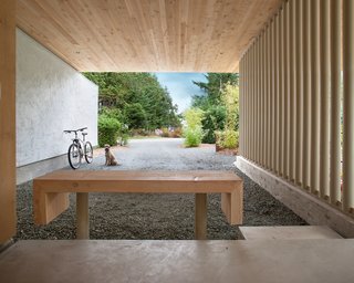 "The goal I had was for a new building to be sympathetic to a quirky, soulful little cabin that was not modern in many ways," Jones says. He mirrored the original home by incorporating the same cement stucco, painted pure white, with Douglas fir soffits. Two Douglas fir trees had to be cut down during construction, and they were repurposed throughout the home—including for this bench.