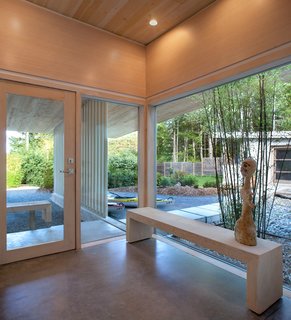 Polished concrete with radiant heating comprise the cabin’s interior floors, and its ceilings are made of Douglas fir. Jones designed the custom windows, which were fabricated by contractor Ian Maclean.