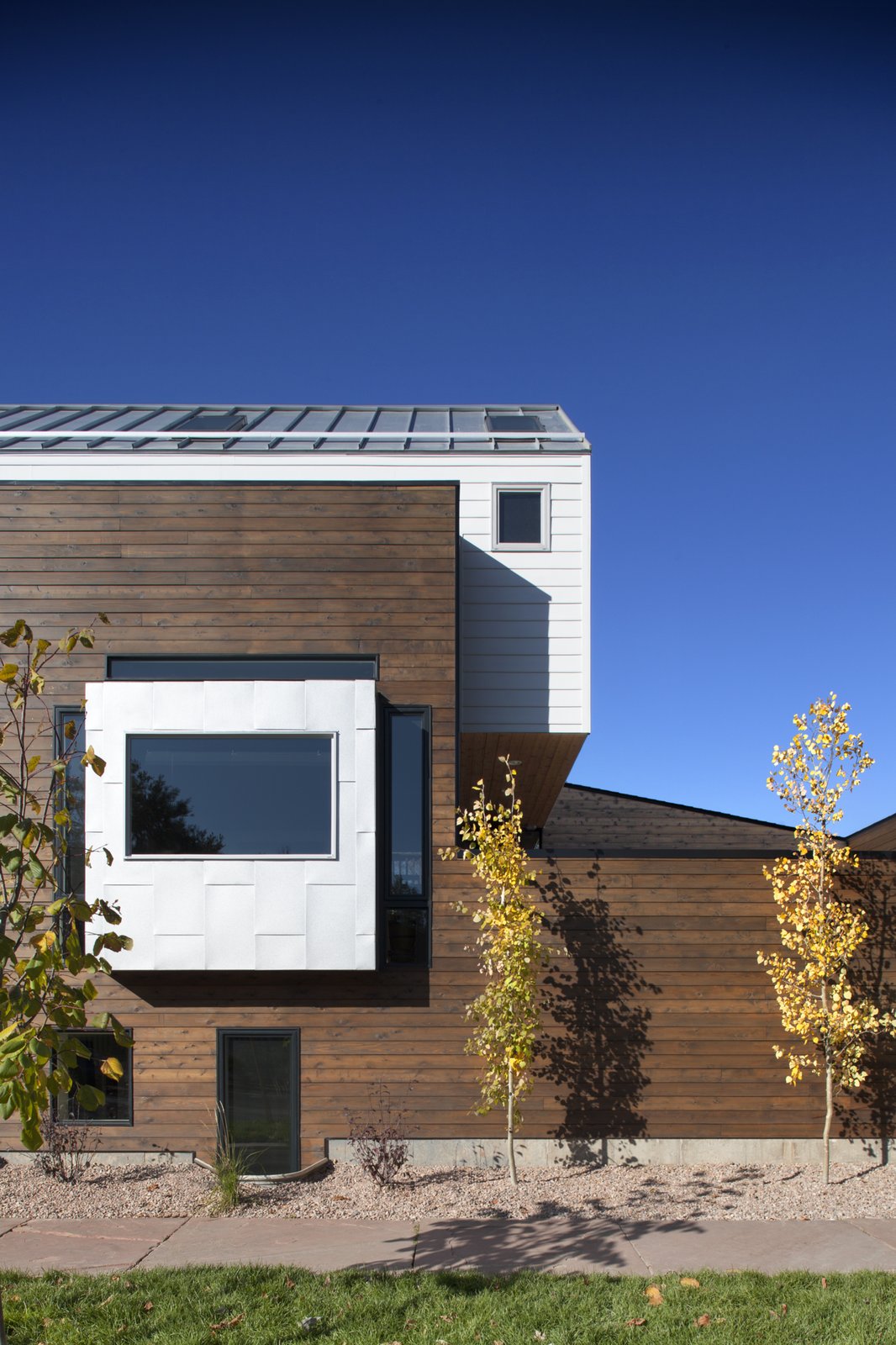 Mitchell says that the red cedar “provided a nice level of contrast from the white siding on top and helps to establish those two spaces as distinctly separate.” The siding is from James Hardie.