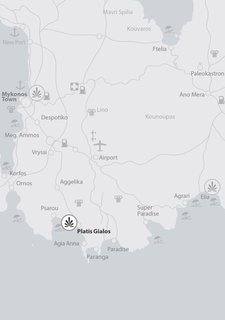 A map of Platis Gialos beach shows that the hotel resides in a central location, surrounded by other coastal destinations that each have their own unique character.