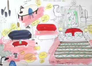 Hayon's sketch shows how he mixes color, textiles, and furniture in the room. "It's like cooking a meal," he says. "I have a lot of ingredients and I need to combine them well to get the right flavor. After I'm happy with the formal result, then I combine color between the pieces."