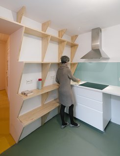 A Quirky Renovation Brings an Indoor Garden to the Center of Madrid - Photo 4 of 6 - At just under 1,400 square feet, the three-bedroom apartment benefits from built-in space savers including sawtooth shelving and even a fold-out bench.