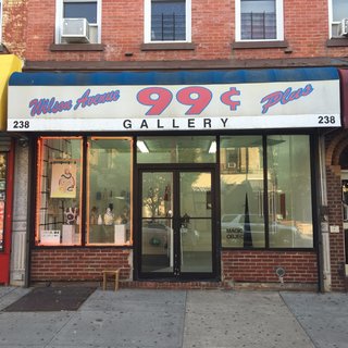 In the Brooklyn storefront, HANDJOB is located on the left and 99¢ Plus is on the right. 