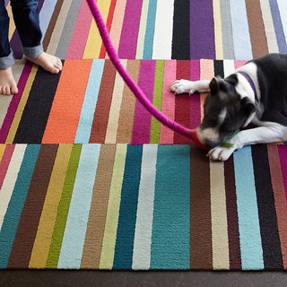 FLOR tiles are made using recycled materials. "We’re part of a program called Net Effects, which buys discarded fishing nets from local fishermen in the Philippines," Englund says. "We create yarn from them. 85% of our products are made with this 100% recyclable nylon."