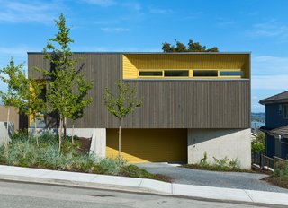 A Suburban Vancouver Home Edits its Privacy Settings - Photo 2 of 5 - The exterior is clad in stained cedar and painted channel siding; the Turmeric shade was selected to complement the hue of the ginkgo trees in the front yard. 