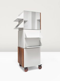 Agile transitions define Stephen Kenn’s new line for Victorinox. Each side of the three independently rotating cubes that make up the Storage Column has a different use: The first is a mirror, the second houses a walnut cabinet, the third contains pull-down shelving, and the forth is for posting notes. Castors make the unit mobile.