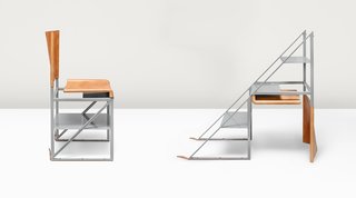 By turning the Stepladder Chair upside down and unfastening a pair of aged leather straps, users get three solid steel steps for reaching high shelves. 