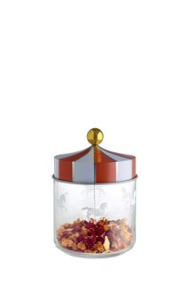 The silk-screened glass jars are inspired by a merry-go-round. 