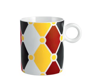 Diamonds, stripes, and polka dots embellish the collection of mugs in the collection. 