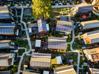 Rooftop Itek solar panels power the community—and are eligible for increased production incentives because they’re made locally. Although the panels were optional, every Village resident chose <br>to install them. 