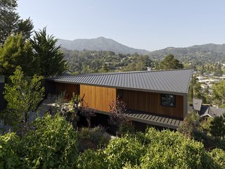 At the Mill Valley home designed by architect Chris Deam for residents Jack Dangers and Ellen Corrigan, the view begins from the top. Sun studies of the steeply sloped site informed the choice for a standing-seam metal, diagonal ridge roof, which Chris refers to as the home’s "fifth facade". 