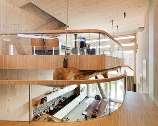 A Passive House in the Netherlands Embodies 5 Tips to Consider When Planning Your Own - Photo 3 of 5 - The living room is located on the split-level second floor balcony, and is held up by the tree trunk and secure poles. The kitchen can be seen below.