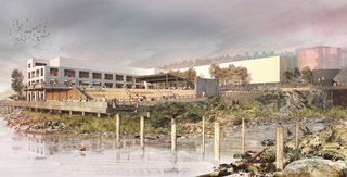 The riverwalk design—consisting of the Woolen Mill Alcove and Public Yard—will carve away industrial fill and structural platforms to restore region-specific ecosystems. The selective removal of industrial structures will restore healthy animal and plant habitats within the retained structures and on the basalt bedrock of the site, establishing an ecological vitality unique to the site and in service to endangered wildlife species. 