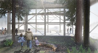 At the Mill H Grove and Overlook, the industrial corrugated cladding of the existing Mill H structure will be peeled away. This will provide prominent views of the falls and river valley<br>to the south. The structure will be opened to light and air while revealing the reinforced steel and concrete structure of the mill. Portions of the Mill H ceiling will be carved to further open the space connecting the interior to the sky.