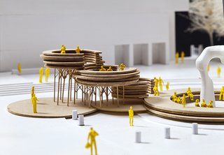 Exhibit Columbus: A New Era of Celebrating Design - Photo 5 of 9 - Conversation Plinth by Ikd </p><p><br> Inspired by the conversation pit in Eero Saarinen’s Miller House, large shifting timber discs compose a series of plinths around the Henry Moore sculpture at the Cleo Rogers Memorial Library by I. M. Pei & Partners. The installation was designed in collaboration with cross-laminated timber (CLT) specialists.